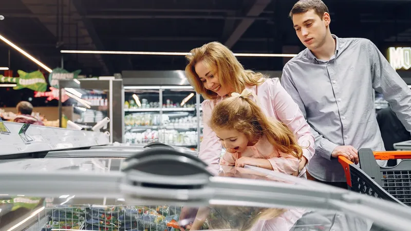 Família com criança faz compras em supermercado, em imagem ilustrativa sobre o orçamento doméstico
