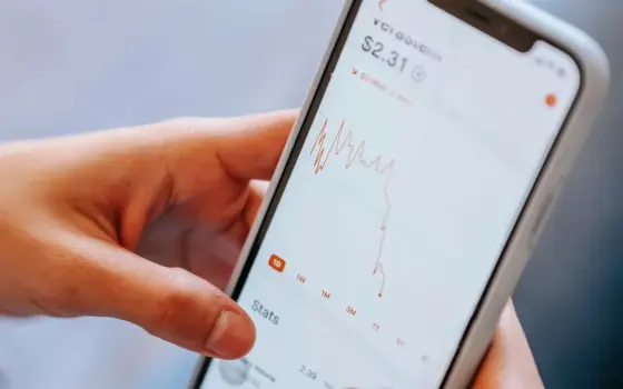Pessoa consulta informações financeiras no celular diante de um notebook