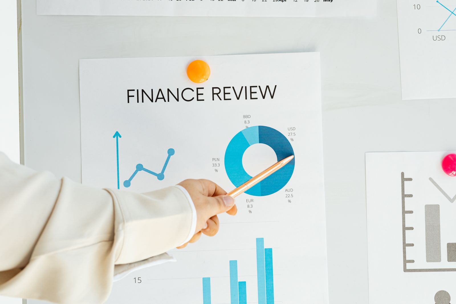Mão apontando para um relatório financeiro com gráficos e tendências de mercado
