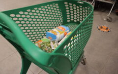 Carrinho de compras diante de prateleiras de supermercado