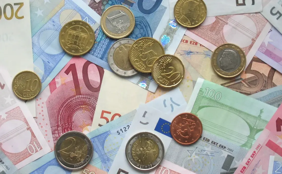 Moedas e cédulas de euro organizadas em uma composição que representa dinheiro investido