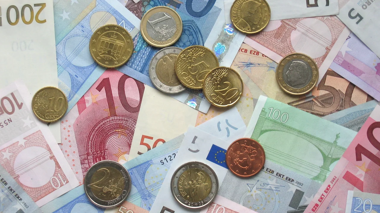 Moedas e cédulas de euro organizadas em uma composição que representa dinheiro investido