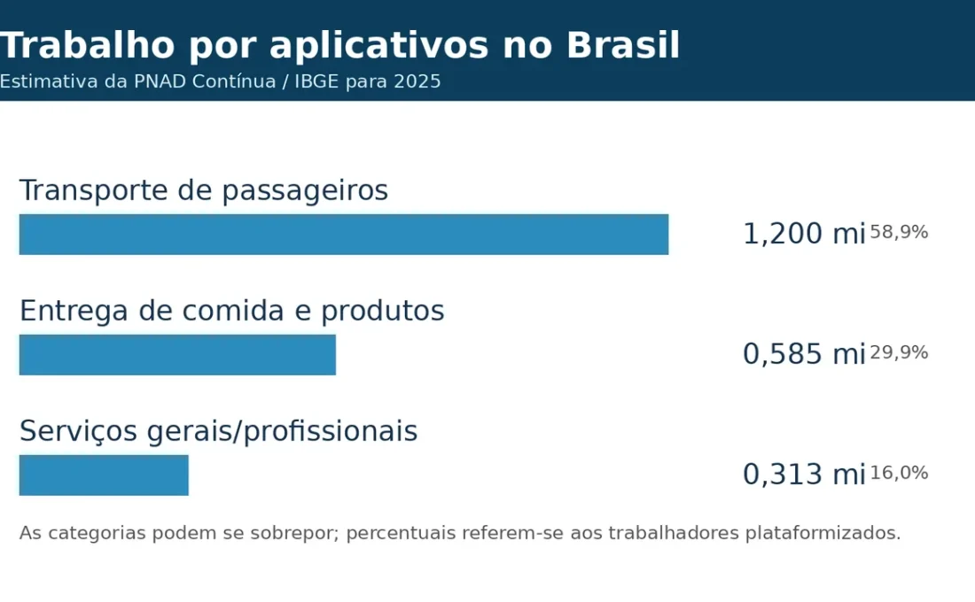 Gráfico com os principais tipos de trabalho por aplicativo no Brasil em 2025