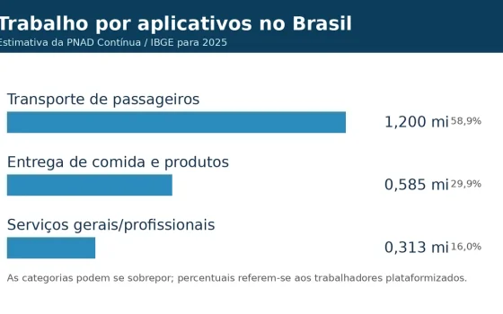 Gráfico com os principais tipos de trabalho por aplicativo no Brasil em 2025