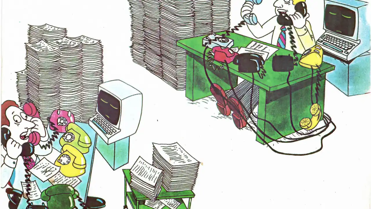 Pilhas de documentos e mesas de trabalho em uma ilustração sobre burocracia