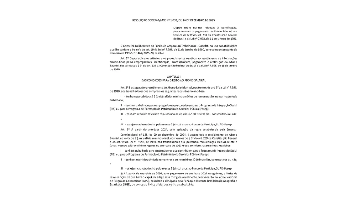 Primeira página da Resolução Codefat/MTE nº 1.032 de 2025 sobre o abono salarial