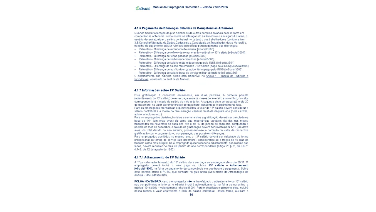 Página do Manual do eSocial com as orientações sobre o 13º salário do empregado doméstico
