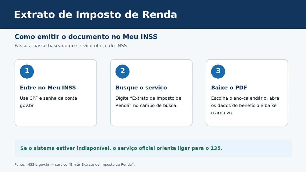 Infográfico com os três passos para emitir o extrato de Imposto de Renda no Meu INSS