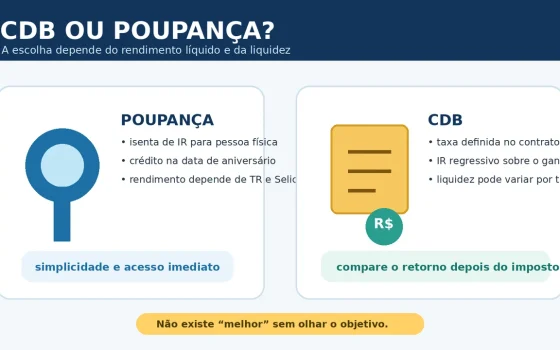 Ilustração com os principais critérios para comparar CDB e poupança