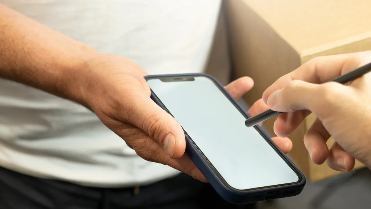 Pessoa assina a entrega de uma encomenda em um celular