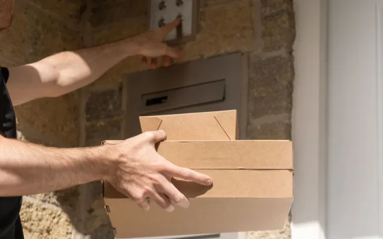 Entregador segura caixas de uma compra na porta de uma casa