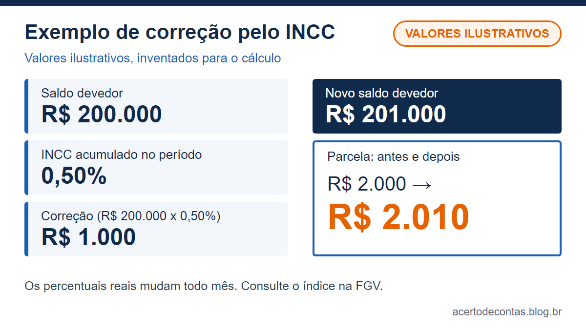 Quadro com o exemplo de correção: saldo de R$ 200.000, INCC de 0,50%, correção de R$ 1.000 e parcela de R$ 2.000 passando a R$ 2.010, com selo de valores ilustrativos