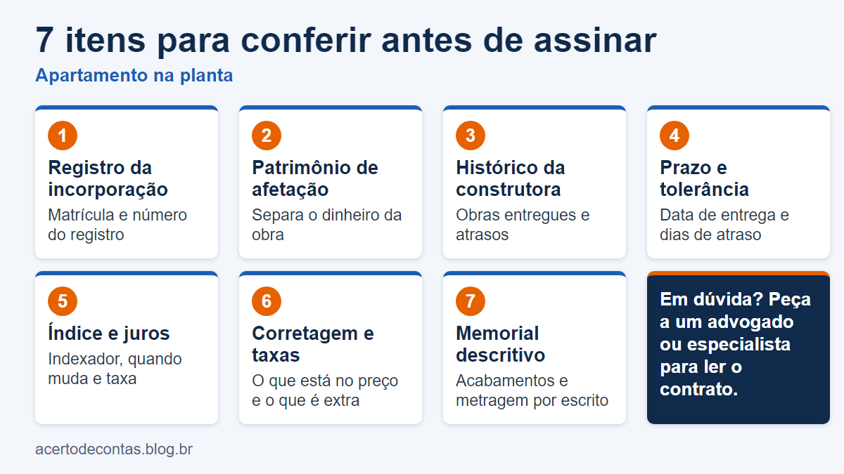 Cartões numerados com os sete itens para conferir antes de assinar a compra de um apartamento na planta